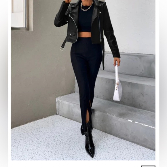 Faux Leather Moto Jacket Black Zip Up Belted - Picture 2 of 13